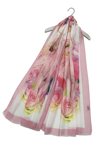 Unicorn and Roses Print Scarf with Border and Frayed Edge