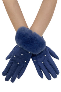Pearl Diamond Print Faux Fur Trim Touch Screen Gloves