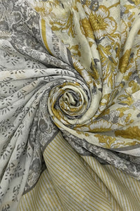 Paisley Flower Print Scarf with Striped Border and Frayed Edge