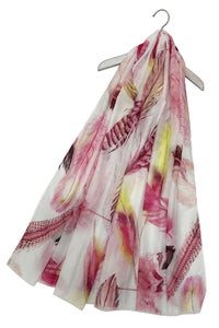 Summer Feathers Print Scarf with Frayed Edge