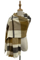 Camel Check Tartan Soft Wool Blanket Frayed Scarf